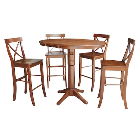 International Concepts Round 36 in Rd Extension Dining Table 40.9 inH, 4 X-Back Bar Ht Stools, Espresso, 36 in W, 48 in L K581-36RXT-27-S61334